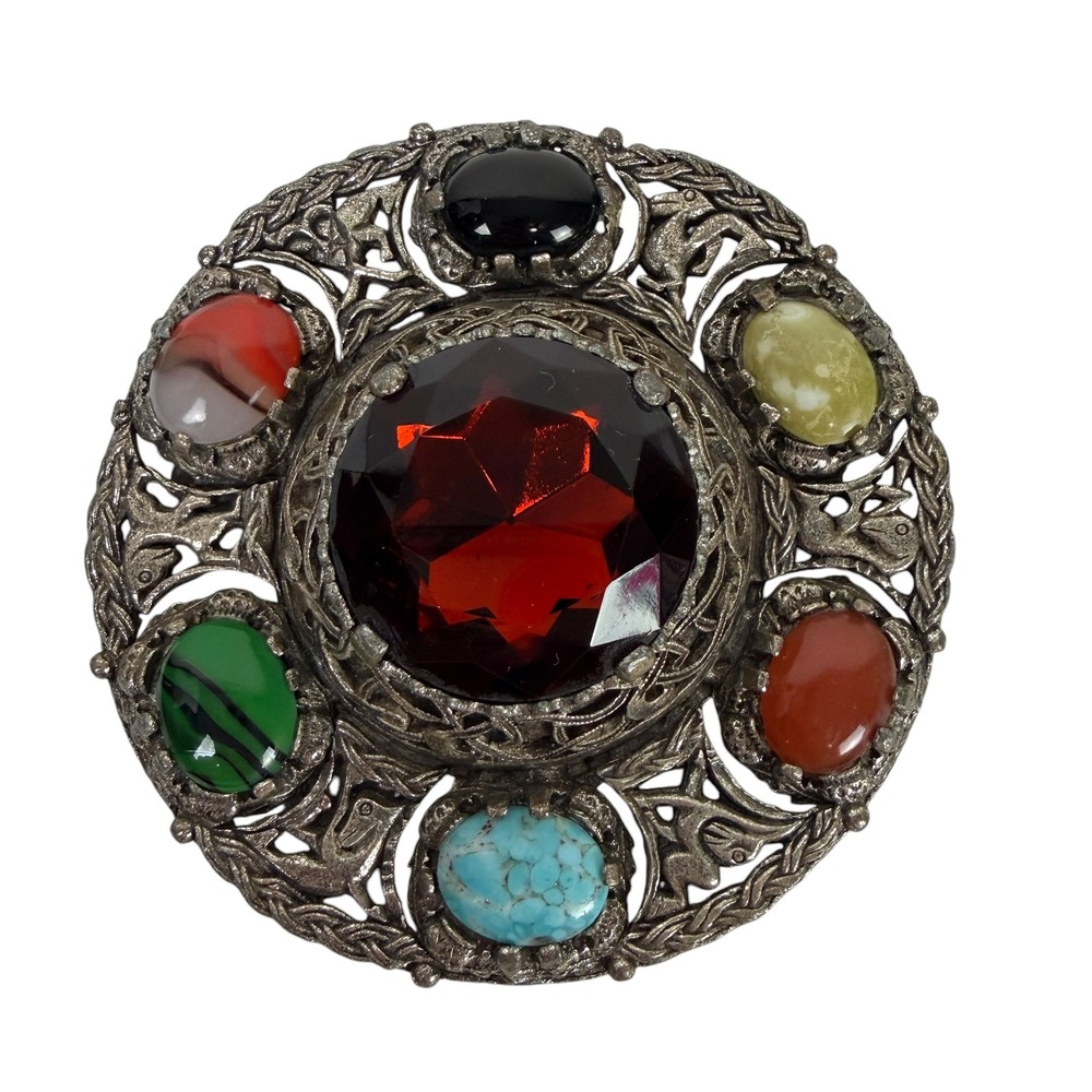 Miracle Vintage‎ Celtic Brooch Red Glass Multi Stone Silver Tone Scottish Pin
